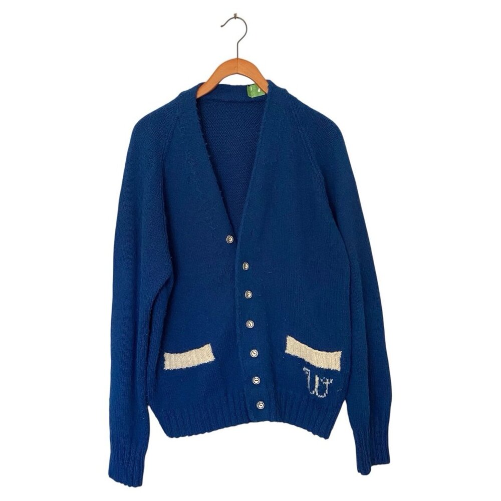 Vintage 60’s Bright Blue Hand Knit Cardigan Sweater Men’s Size M USA Monogram W